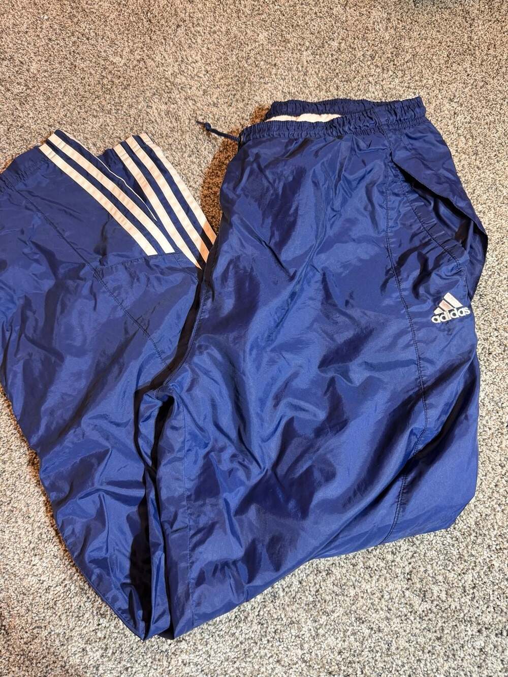 Vintage Adidas Blue Nylon Lined Three Stripe Track Pants Size XL